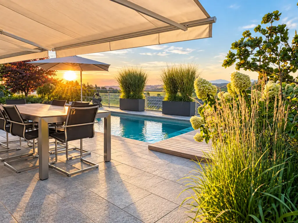 Terrasse mit Pool und Essplatz beim Einfamilienhaus in Widen